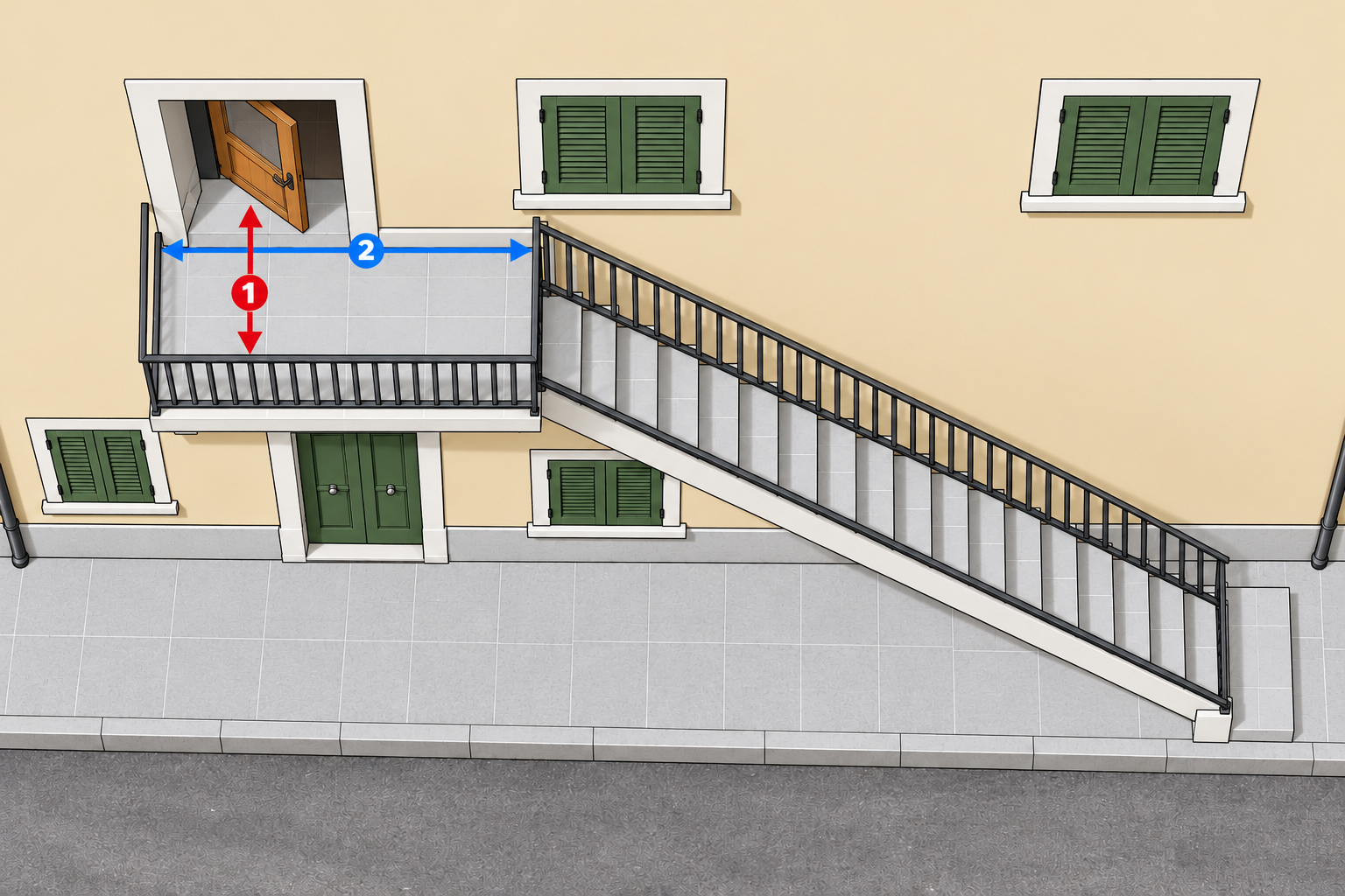 Terrazzo e scala laterale: frecce delle misure da rilevare